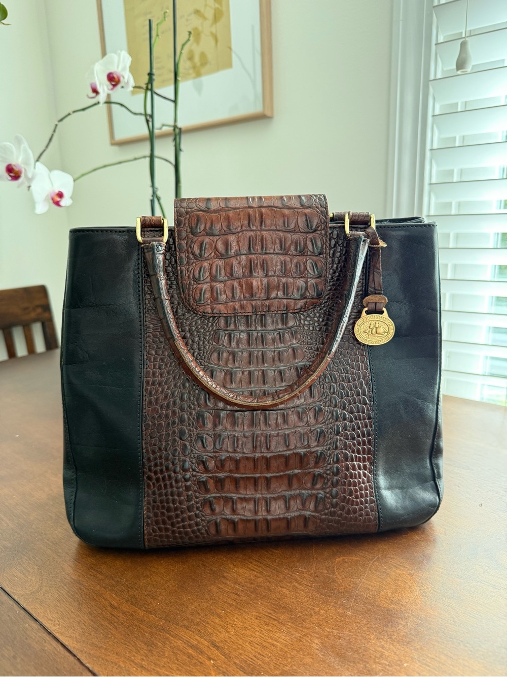 Brahmin Brown Croc-Embossed and Black Leather Satchel Handbag